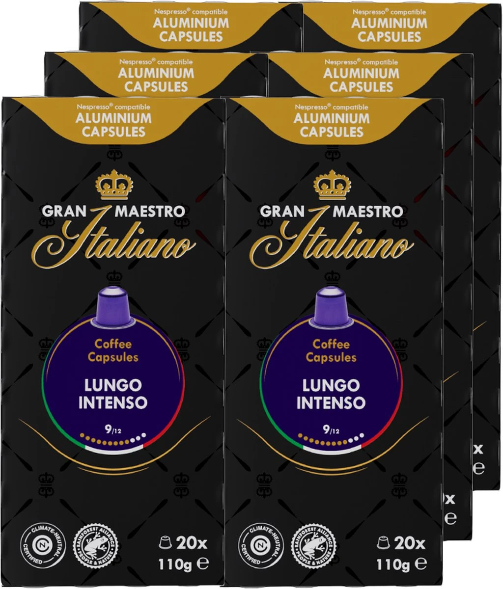 Gran Maestro Italiano - Lungo Intenso - Koffiecups - Nespresso Compatibel Capsules - Krachtige Smaak - 6 X 20 Cups 1 Gran Maestro Italiano - Lungo Intenso - Koffiecups - Nespresso Compatibel Capsules - Krachtige Smaak - 6 X 20 Cups