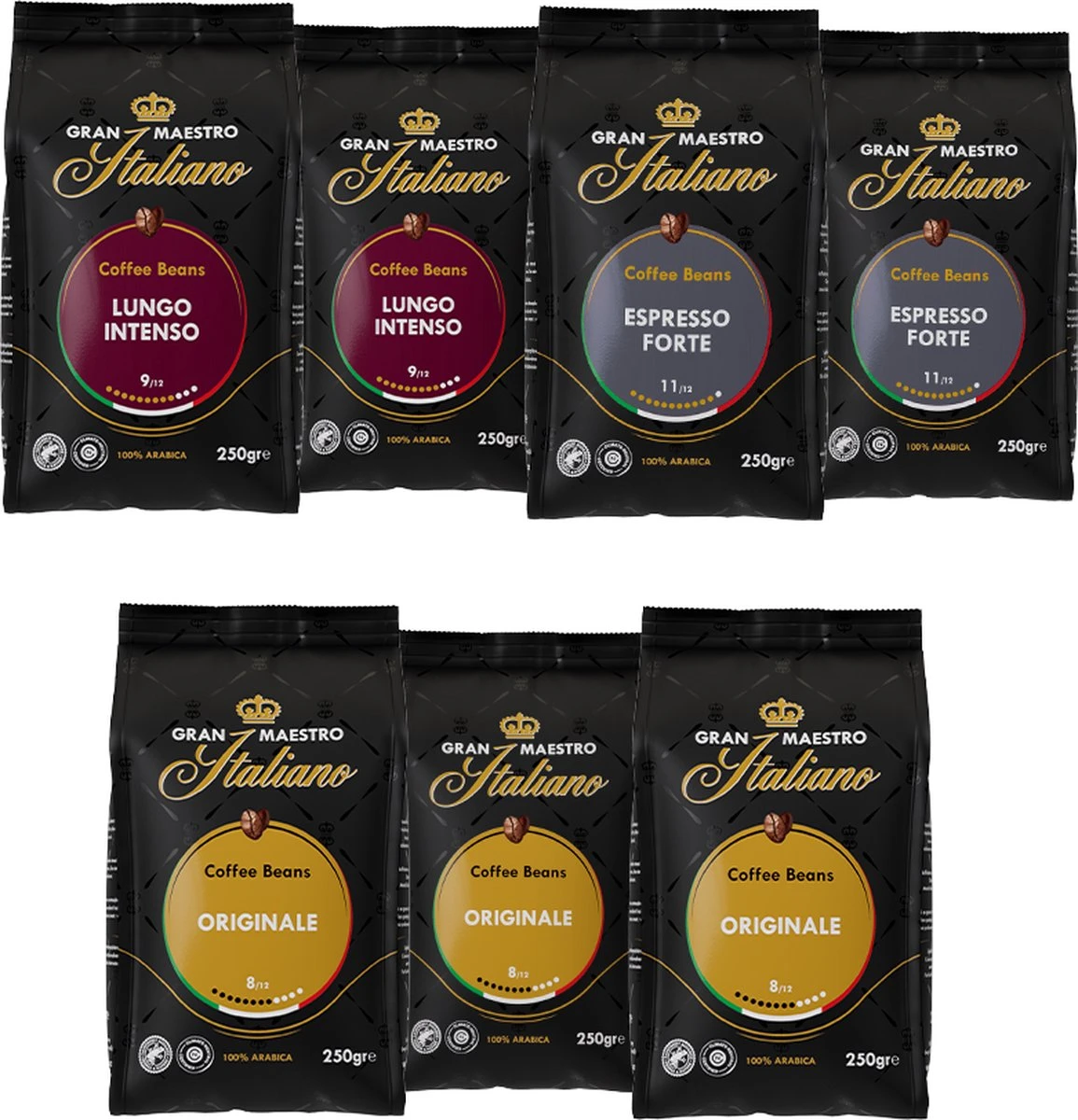 Gran Maestro Italiano - Koffiebonen - Proefpakket - Bonen Voor Espresso - Bonen Voor Lungo - Arabica - 7 X 250g 1 Gran Maestro Italiano - Koffiebonen - Proefpakket - Bonen Voor Espresso - Bonen Voor Lungo - Arabica - 7 X 250g