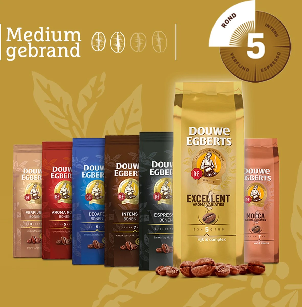 Douwe Egberts Excellent Gold Koffiebonen - 4 X 500 Gram 6 Douwe Egberts Excellent Gold Koffiebonen - 4 X 500 Gram - Afbeelding 6