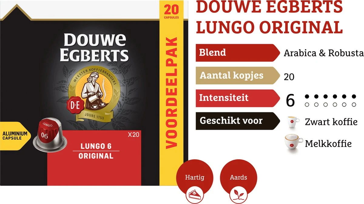 Douwe Egberts Lungo Original Koffiecups - Intensiteit 6/12 - 10 X 20 Capsules 4 Douwe Egberts Lungo Original Koffiecups - Intensiteit 6/12 - 10 X 20 Capsules - Afbeelding 4