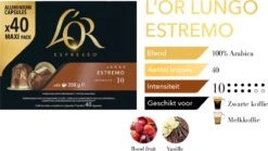 L'OR Lungo Estremo Koffiecups - Intensiteit 10/12 - 4 X 40 Capsules -Koffie Verkoop Winkel 1200x676