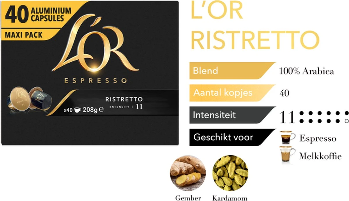 L'OR Espresso Ristretto Koffiecups - Intensiteit 11/12 - 4 X 40 Capsules 5 L'OR Espresso Ristretto Koffiecups - Intensiteit 11/12 - 4 X 40 Capsules - Afbeelding 5