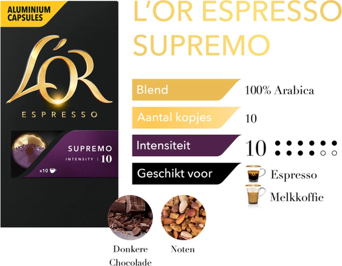 L'OR Espresso Supremo Koffiecups - Intensiteit 10/12 - 10 X 10 Capsules 7 L'OR Espresso Supremo Koffiecups - Intensiteit 10/12 - 10 X 10 Capsules - Afbeelding 7