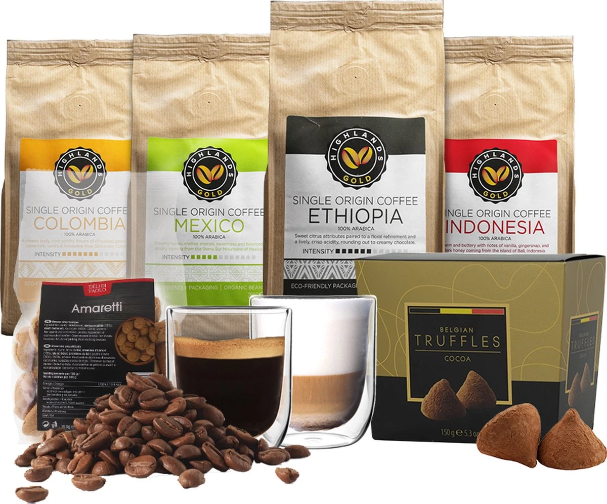 Highlands Gold - Koffiebonen Proefpakket - Koffie Cadeaupakket - 100% Arabica - Single Origin - 4 Soorten Koffie, Ambachtelijke Truffels En 2 Luxe Glazen