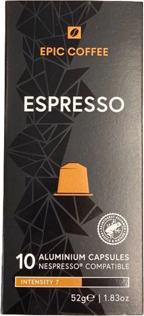 100 Capsules Epic Coffee - Espresso - Nespresso® Compatible Aluminium Capsules - RFA Keurmerk - Doos 100 Stuks 2 100 Capsules Epic Coffee - Espresso - Nespresso® Compatible Aluminium Capsules - RFA Keurmerk - Doos 100 Stuks - Afbeelding 2