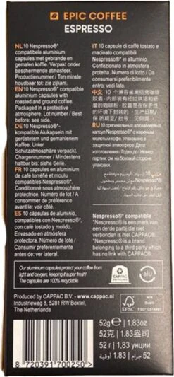 100 Capsules Epic Coffee - Espresso - Nespresso® Compatible Aluminium Capsules - RFA Keurmerk - Doos 100 Stuks 13 100 Capsules Epic Coffee - Espresso - Nespresso® Compatible Aluminium Capsules - RFA Keurmerk - Doos 100 Stuks -Koffie Verkoop Winkel 556x1200
