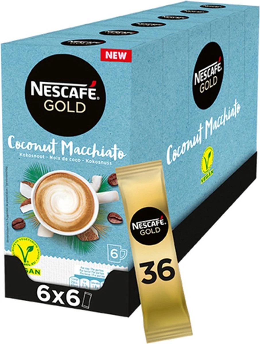Nescafé Gold Coconut Macchiato Oploskoffie - 6 Doosjes à 6 Zakjes 1 Nescafé Gold Coconut Macchiato Oploskoffie - 6 Doosjes à 6 Zakjes